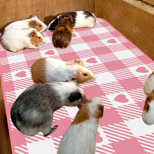 JarThenaAMCS 3 Pcs Checkered Guinea Pig Pee Pads 24 x 47 in Pink White Heart Reusable Bunny Squirrel Mat Washable Small Animal Cage Liner for Valentine's Day Rabbit Hamster Chinchilla Ferret Rat