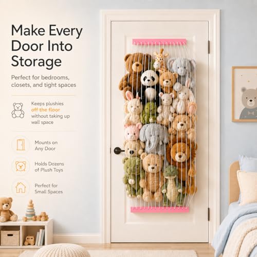 Stuffed Animal Storage Wooden Soft Toy Storage for Kids Room，Wall Mount Door Hanging Stuffed Animal Toy Organizer Shelf for Nursery Play Room Pink -Patent - color: Pink Board+white Rope
