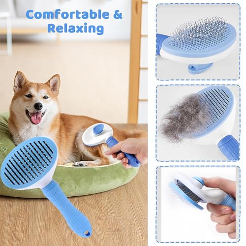 7pcs Pet Grooming Kit, Self-Cleaning Brush Shedding Kit with Nail Clipper, Flea Comb, Shampoo Bath Brush, Finger Toothbrush, Storage Bag (Blue) - color: Blue