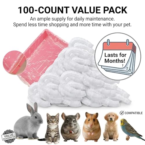 100 Pack Disposable Guinea Pig Cage Liners, Large Rabbit Litter Box Liners with Elastic Edges, Leak-Proof PE Plastic Film for Small Animal Tray Pans (Fits up to 16.53" x 24")