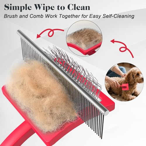 2PCS Slicker Brush for Dogs & Pet Comb,Professional Dog Grooming Brush (Goldendoodles,Poodles,Labradoodles) with Extra Long Pins to Effectively Remove Tangles, Knots and Mats (Red, Large) - color: Red, size: Large