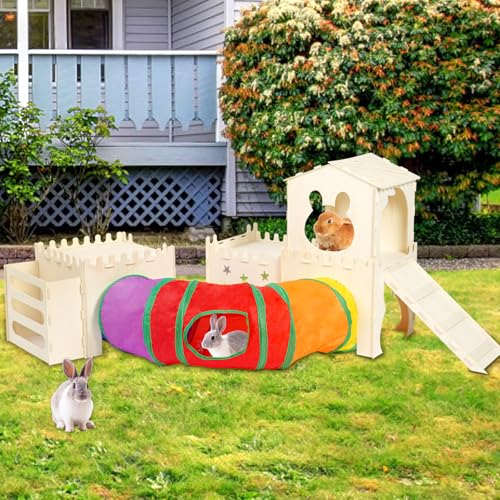 Extra Large Wooden Rabbit Hideout with Tunnels and Hay Feeder - Multistory Bunny Castle with Stairs, Climbing Tower and Sturdy Habitat for Indoor Bunnies, Guinea Pigs, Chinchillas Small Animal - color: -Natural -02