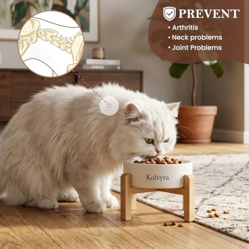 5'' Adjustable Elevated Ceramic Cat Bowl | Premium Food-safe Ceramic with Anti-slip Wood Stand,Dishwasher Safe,Ergonomic Height Relieves Neck Strain,White - color: White, size: 5 in