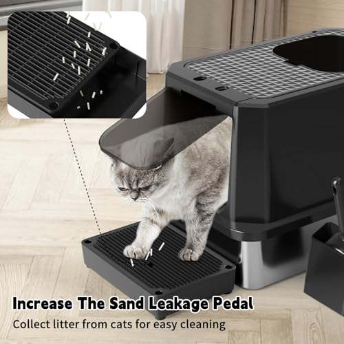 RIZZARI Stainless Steel Cat Litter Box with Dual Exit & Flip Top | Dual Entry Exit & Top / Stainless No Odor / Litter Catch Pedal / Enclosed or Open / Easy Clean Tool-Free / Cats & Apartments - color: Solid Black