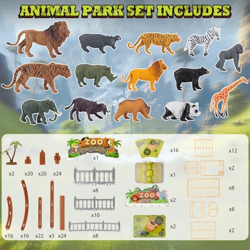 Complete 248PCS Animal Playground Set with 14 Realistic Wild Animals – Build Your Own Animal Park, Interactive Playset with Openable Fences & Battle Station, for Boys Girls Kids Toddlers 3-8 (Brown) - color: Brown