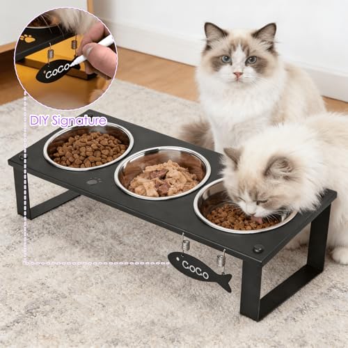 3 in 1 Elevated Cat Bowls with Splash proof Mat for Kittens, Puppies, Multi-pet Households, 10° Tilted Raised Cat Bowls Anti-Vomiting, 3 Wide Shallow Stainless Steel Bowls, Whisker Friendly, 3.5" Tall - color: Black-3bowls