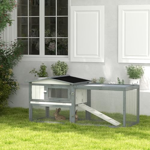 PawHut Rabbit Hutch 2-Story Indoor Outdoor 61.5" x 23" x 27" White | Bunny Cage, Guinea Pig Cage, Small Animal House, Slide Out Tray, for Rabbits Chickens Ducks - color: White