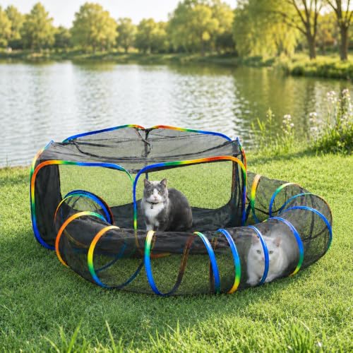 Portable Cat Enclosure - 2-in-1 Outdoor Catio with Tent & Tunnel, Foldable Playpen for Indoor Cats, Includes Storage Bag for Cats & Small Animals Rainbow Color - size: Tent + Circle Tunnel