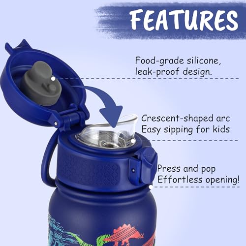 GOPPUS Kids Insulated Water Bottle 12oz, Leakproof Stainless Steel Thermos, BPA Free Double Wall Vacuum Insulated Bottle for School, Travel, Sports & Outdoor Activities, Boys Girls - color: Blue sketch dinosaur