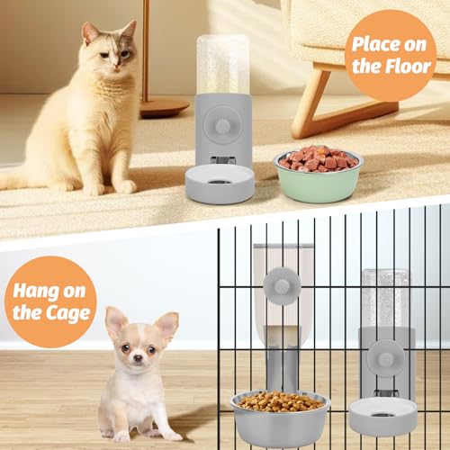 Yummy Sam Hanging Cage Automatic Small Pet Food Bowl Water Bottle Dispenser, Kennel 500ML Waterer and Auto Gravity Pet Feeder Set with Separate Food Bowl Crate Feeder Dish for Puppy Cats Rabbit (Grey) - color: Grey White