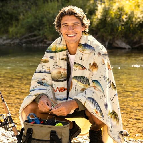 Fish Blanket Ultra Soft Lightweight Flannel Fishing Bait Throw Blankets Fish Blanket Gifts for Room Bed Sofa Decor 50"x40" - color: Beige Fish