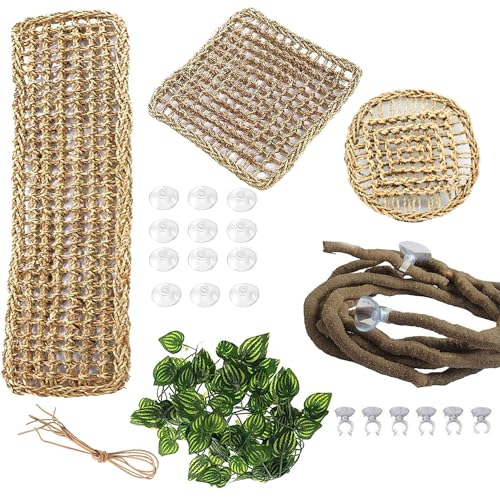 PINVNBY Bearded Dragon Hammock with Suction Cups,Lizard Lounger Natural Seagrass Reptiles Hammocks Reptile Tank Accessories Jungle Plants Climber Vines Leaves Habitat Decor for Lizards Chameleon Gecko