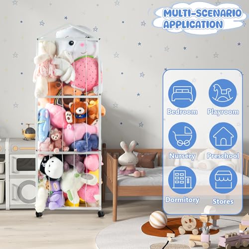NomNest Stuffed Animal Storage Zoo – Large Metal Plushie Organizer Holds 50+ Toys, Heavy Duty Teddy Bear Toy Holder with Wheels for Bedroom, Playroom, Nursery (White) - color: Pearl White