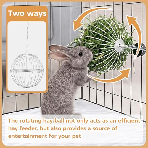 2 Pack Rabbit Hay Ball Feeder Stainless Steel Hanging Hay Holder Dispenser Small Animal Grass Feeder Rack Ball Toy for Bunny Hamster Guinea Pig Chinchilla Gerbils Cage Accessories Supplies