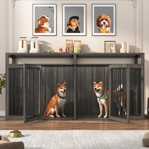 87In Farmhouse Dog Crate TV Stand, Wooden Dog Kennel Furniture with 2 Doors, Large Dog Crate Furniture for 2 Dogs, Solid Metal Tube & 4 Lockable Doors, Grey - color: Grey