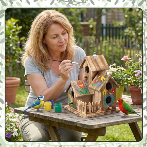 Bird House for Outside, Outdoor 3 Hole Bird House Room Bluebird Finch Wooden Hanging Birdhouse Handmade Wooden Hummingbird-House for Garden,Courtyard, Backyard Bluebirds, Finches, Cardinals