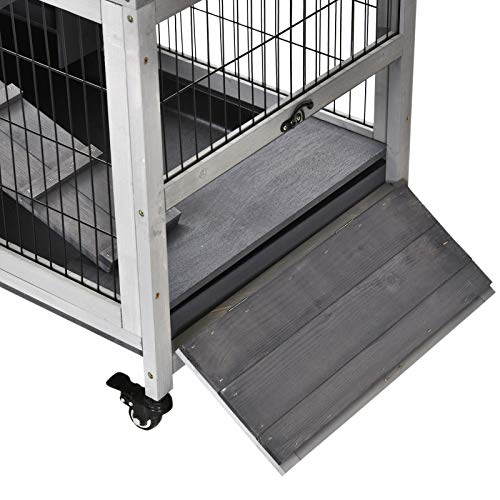 PawHut Wooden Rabbit Hutch Indoor Outdoor, Elevated Bunny Cage with No Leak Tray Enclosed Run with Wheels, Ideal for Guinea Pigs and Small Animals, Gray | No Leak Tray Enclosed Run with Wheels, for Rabbits, Chickens, Ducks, Guinea Pigs and Small Animals -