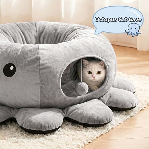 Cat Tunnel Bed for Indoor Cats, Peekaboo Cat Cave Bed with 20 Pcs Cat Toys, Soft Cat Donut Tunnel for Kitten Large Cats, Grey Octopus - color: Grey