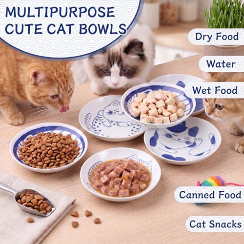 8 Pcs Kawaii Cat Ceramic Bowls Set, 4 Inch Shallow Cats Dishes Food Plates for Wet Food Treats and Snacks, Japanese Style Cute Bowls for Small Pets, Gifts for Cat Lover