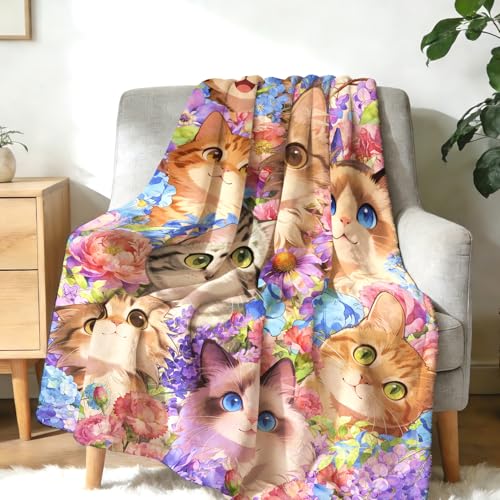 Cat Blanket Gifts Soft Warm Flannel Cats Throw Blanket Cute Cat Themed Lovers Gifts for Couch Bed Travel 50"x40" - color: Blue Cat
