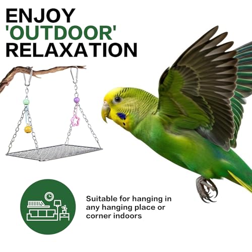 Bird Perch Platform Stainless Steel,Bird Swing Perch with Bell,Bird Swing for Parakeets,Interactive Rocking Parakeet Toy, for Cockatiel, Conure, Budgie(7.8"x5.9"Stainless Steel)