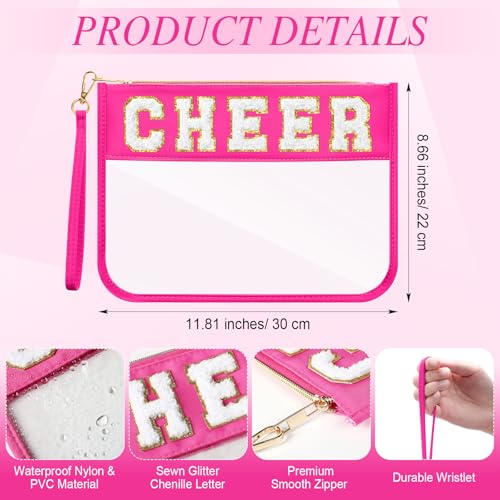 Kacctyen 20 Pcs Rose Pink Chenille Letter Cheer Bags Cheerleader Clear Makeup Bags Snacks Pouch Bulk Preppy Patch Cosmetic Pouch with Wrist Strap Zipper for Travel Team Cheerleaders - color: rose Pink