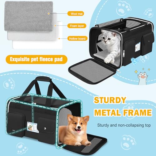 HUANLANG Large Cat Carrier Soft Sided Travel Pet Carrier Airline Approved | Dog Carriers for Small Dogs Medium Cats,Collapsible,3 Storage,zipper lock,Reflective strips,Luggage Strap,Up to 15 Lbs, Black - color: Black 1