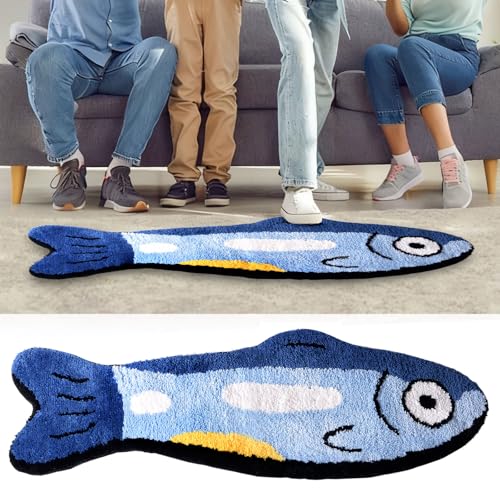 Fish Rug - Cute Fish Bath Mat Blue Bathroom Rugs Animal Pattern Fun Carpet, Non-Slip Plush Absorbent Bath Mats, Cool Carpet for Bedroom Living Room Shower Sink Bathtub Room Decor, 16"x 47"