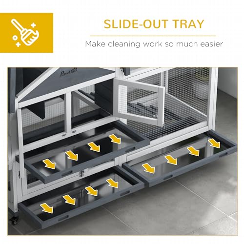 PawHut 65" Wooden Rabbit Hutch Guinea Pig Hutch Openable Roof Wheels Gray | Pet Playpen, Bunny House Enclosure, Storage Box, Slide-out Tray, Ramp, for Rabbits Chickens Ducks