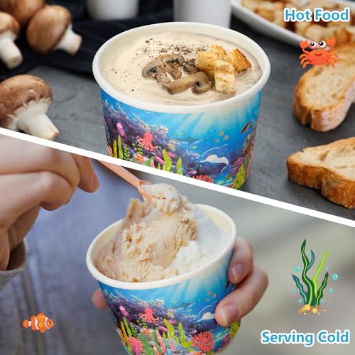 Funnymoom 50 Pack Under The Sea Ice Cream Cups 9 oz Ocean Disposable Dessert Bowls Under The Sea Animal Paper Soup Bowls Snack Cups for Hot or Cold Food Underwater Creatures Birthday Party Supplies - color: Ocean Blue, style: Under the Sea