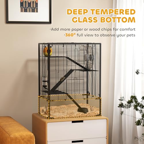 PawHut Large Hamster Cage 9" Deep Tempered Glass Bottom 24"x16"x31.5" Black | 4 Tiers Hamster Tank, Running Wheel, Hut, Water Bottle, Dish, Rat Cage for Syrian, Dwarf, Gerbils, Mouse - size: 23.6"L x 15.7"W x 31.5"H