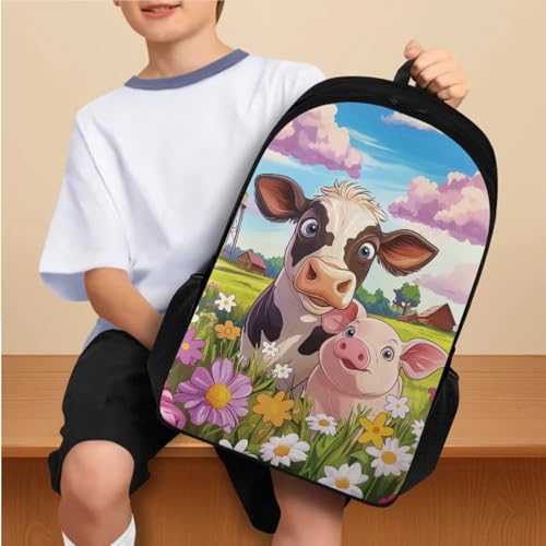 Cow and Pig Backpack for Girls Bookbag with Lunch Box Cup Sleeve Cute Pencil Case 4 PCS Set Bookbag with Compartment 4Th Grade Kid 8-10 Years Old School Bag for Camping Picnic - color: Cow and Pig
