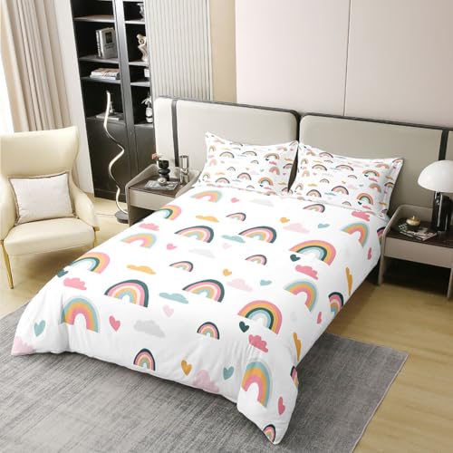 Erosebridal 100% Cotton Kids Rainbow Bedding Set, Girly Love Heart Comforter Cover Full Size Cartoon Rainbow Cloud Duvet Cover for Girls Boys Women Bedroom Decor, Soft Bedding 3 Pieces,Colorful - color: Multi 01, size: Full (No Comforter)