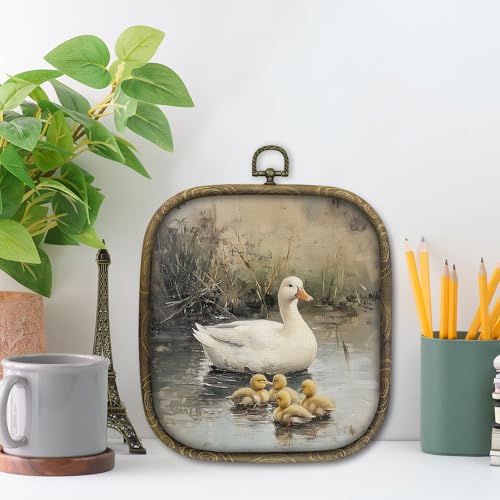 shiviody Duck Canvas Wall Art Decor, Rustic Retro Ducks Countryside Wall Decor, Vintage Neutral Beige Cottagecore Square Hanging Frame Prints Decorations for Farmhouse Cabin Home 6.5"x7.5" - color: Animals-32