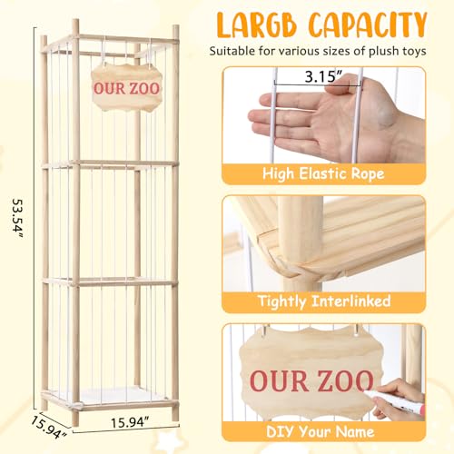 Stuffed Animal Storage & Organizer, Wooden Large Capacity Stuffed Animal Zoo with Elastic Cords, Sturdy Space-Saving Plushie Toy Shelf Cage Tower for Bedroom Playroom Nursery 54 in, Easy to Install