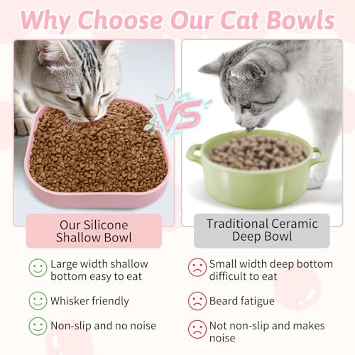 Fhiny 2PCS Silicone Cat Bowls Set 7.1 x 7.1 in Shallow Dog Dish Whisker Friendly Cat Food Plate for Dry & Wet Food Dishwasher Safe Non-Slip Pet Feeding Bowls for Kittens and Puppies (Pink) - color: Pink
