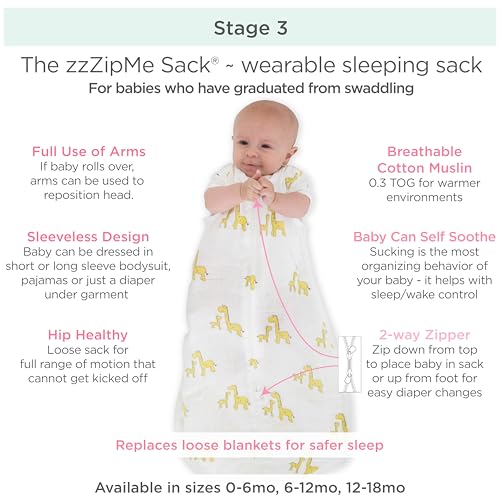 SwaddleDesigns Muslin zzZipMe Sleeping Sack, for Baby Boy and Girl, Wearable Blanket with 2-Way Zipper - color: Yellow Giraffes, size: Medium (6-12 Month)