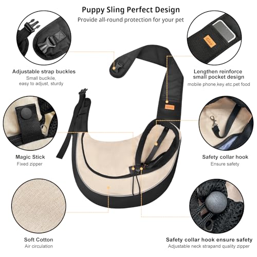 Pet Sling Carrier for Small Dogs Cats,Drawstring & Zipper Security Hook Triple Design for Pets' Securty Dog Bag,Breathable Travel Puppy Sling Carrier with Adjustable Strap(Beige,L(10-14 lbs)) - color: Black Beige, size: L (10-14 lbs)