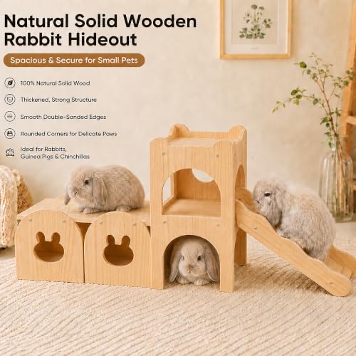 Large Bunny Hideout Wooden Bunny House with Ramp Rabbit Castle(Set of 3) | solid wood guinea pig hideout chinchilla house with detachable panels,rabbit hide with ramp hideaways and climbing areas - style: Set of 3