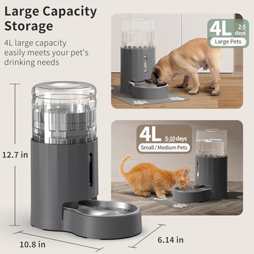 JUNSPOW Cat Water Dispenser with Placemat and Stainless Steel Bowl (4L) | Automatic Gravity Water Dispenser for Cats or Small Medium Size Dogs, Large Capacity, Easy to Clean - color: Grey, size: 4L + Mat