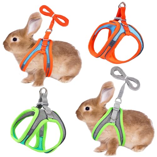 PETKNOWS 2 Pack Rabbit Harness and Leash Set | Double Buckle Bunny Harness with Reflective Strips Soft Breathable Mesh Vest Harness for Rabbits Walks Accessories