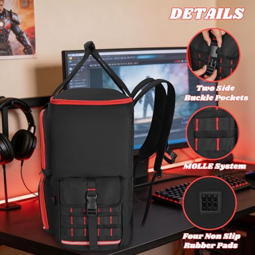Desktop PC Tower Backpack for ATX/M-ATX Case with Bottom Pad | Padded PC Travel Bag with 6 Storage Pockets, MOLLE Side Pockets, Reflective Strips, Trolley Strap and Shoulder Straps, Black