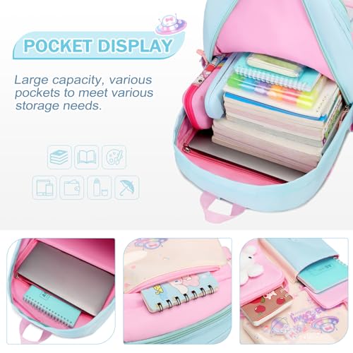 FIXITOK Girls Backpack with 14oz Insulated Water Bottle Set, Kawaii Bunny School Backpack for Girls with Kids Water Bottle Lunch Bag Pencil Case for Kindergarten Elementary Preschool School - color: W-aquamarine