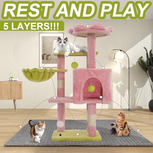 Cat Tree Tower with Hammock,40" Cat Trees for Indoor Cats Large Adult(Pink) | Modern Cat Tree Tower with Scratching Post, Cats Condo Furniture with Cloud Top Perch, Cats Climbing Tower for Kittens - color: Pink