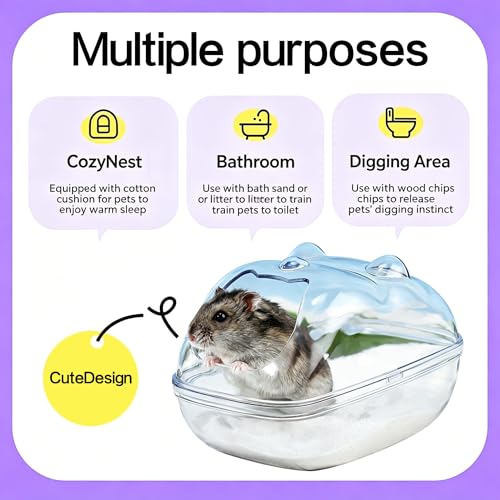 Hamster Bathtub,Sand Bath Container,Mouse dig Box,Splash Proof Hamsters Sand Box Bathroom,Transparent House sandbath for Hamsters,Hamster Toilet Small Animal Habitat Décor(M 5.7 * 4 * 4inches)