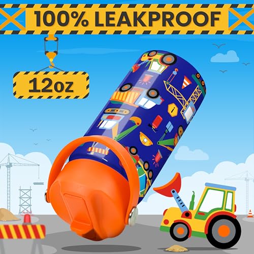 Construction Water Bottle - Kids Water Bottle with Straw Lid - 12 Oz Insulated Stainless Steel Water Bottles for Kid Boys - Travel Cup for School Sports - color: Construction 3