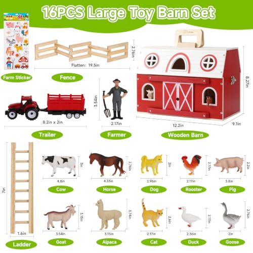 Wooden Barn Toy Set with Farm Animals, Portable Pretend Play Barn Playset for Kid 3+, Farm Animal Figures, Montessori STEM Educational Animal Playset for Kids Birthday
