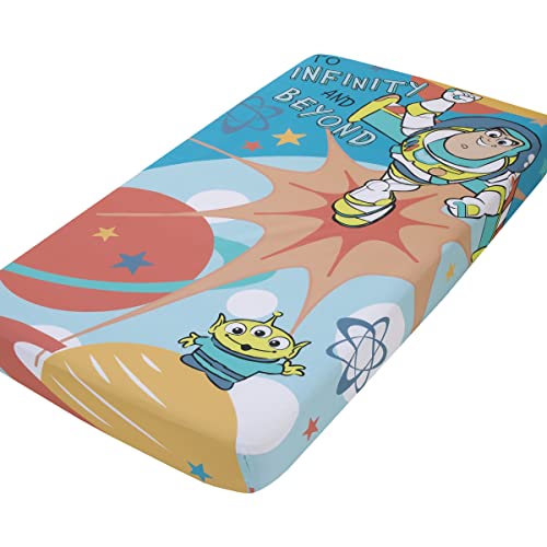 Disney Toy Story Buzz Lightyear Blue and Orange Blast Off to Infiniti and Beyond 100% Cotton Photo Op Fitted Crib Sheet - color: Toy Story - Blast Off