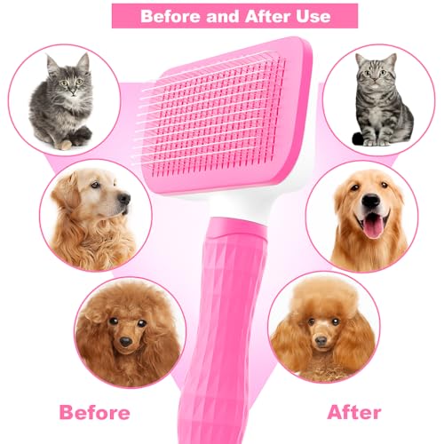 Generic Pink Cat grooming brush, Pet hair brush with Massage Particles, Self Cleaning Dematting Comb for Dogs and Cats, Easy to Use, Ergonomic Handle Design - color: Pink