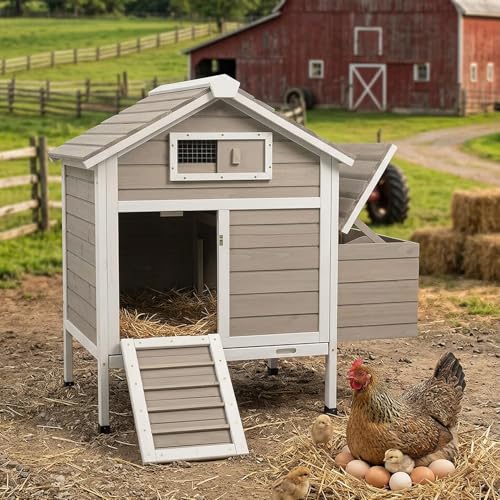 Gowoodhut Chicken Coop Rabbit Hutch with Removable Trays,Raised Floor Hen House with Nesting Box,Wooden Outdoor Poultry Cage Pet House with Ramp Run Hen Cage for Garden Backyard,Grey - size: Chicken-25